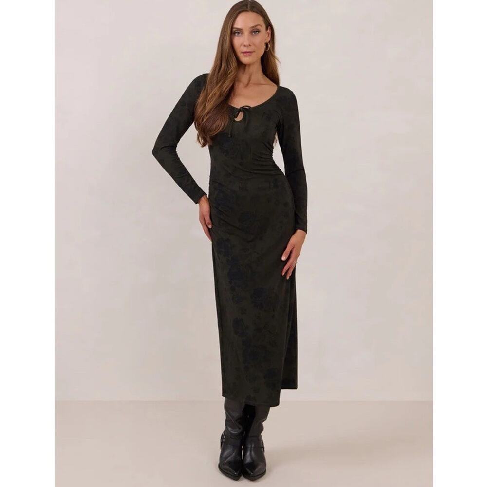 New Park & Fifth Austin Dress Small Olive Green Floral Ruched Long Sleeve A24
